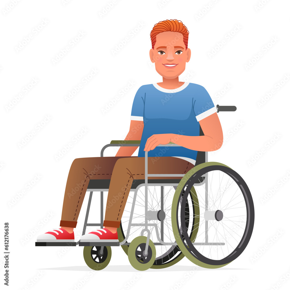 Joyful disabled person is resting in a wheelchair. A man is sitting in a wheelchair. Vector illustration Joyful disabled person is resting in a wheelchair. A man is sitting in a wheelchair. Vector illustration