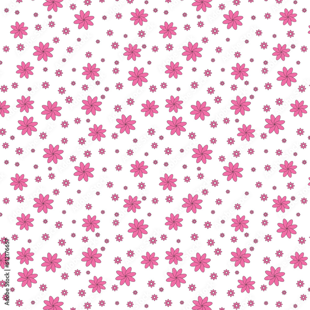 Small pink flowers on a white background. Seamless pattern. Free arrangement of small flowers. Light background for packaging or fabric. Small pink flowers on a white background. Seamless pattern. Free arrangement of small flowers. Light background for packaging or fabric.