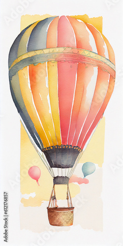 Hot air balloon watercolor illustration, social media post, rainbow colored photo