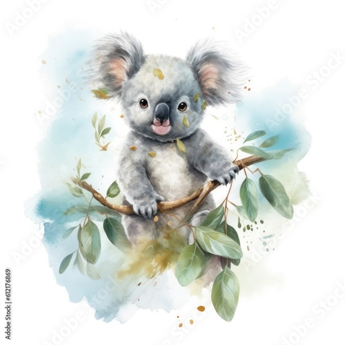 Watercolor illustration of cute baby koala hanging from eucalyptus branch on white background. Generative AI