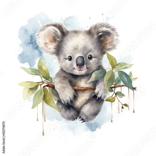 Watercolor illustration of cute baby koala hanging from eucalyptus branch on white background. Generative AI