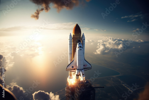 Over the Earth, in the open, a space shuttle launches. Sea and sky beneath a spaceship. This image's components were provided by NASA