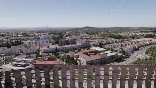 Majestic arcade of arches, Amoreira Aqueduct. revealing shot. Elvas, Portugal