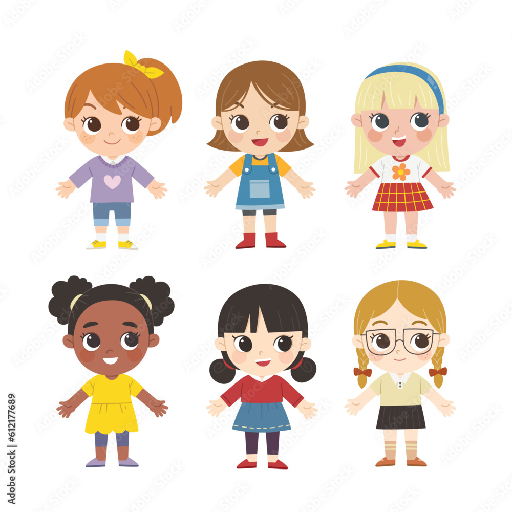 Group of multiracial children. Happy kids collection. Happy student standing together. Isolated on white background. Group of multiracial children. Happy kids collection. Happy student standing together. Isolated on white background.