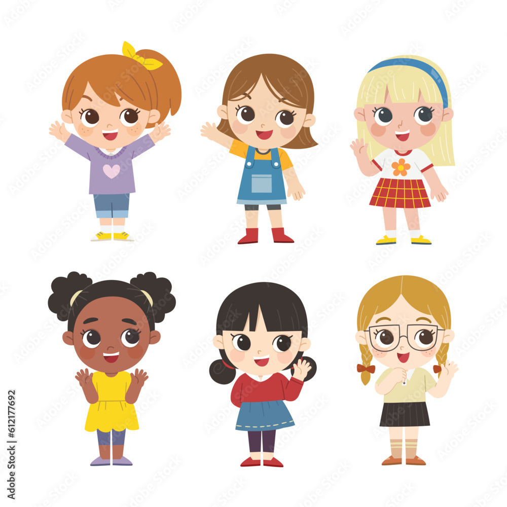 Happy children with different positive emotions. Children waving their hands in greeting. Happy children with different positive emotions. Children waving their hands in greeting.