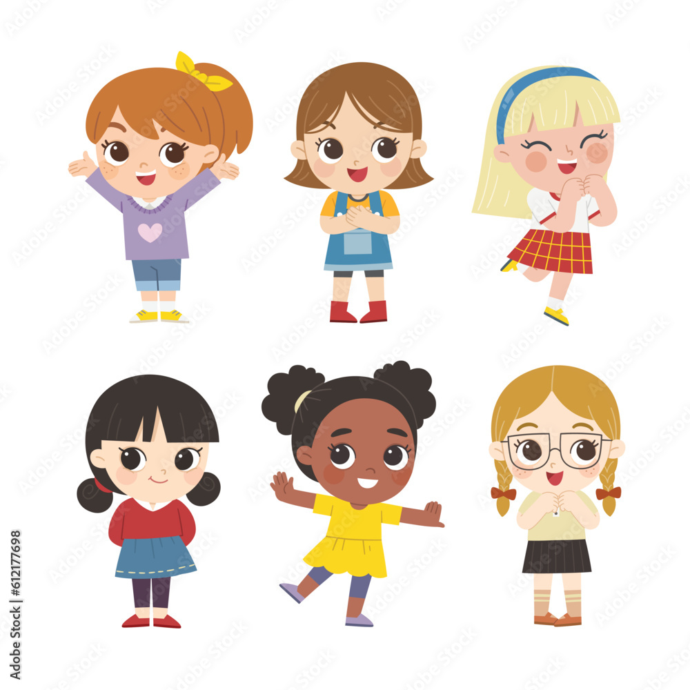 Happy children with different positive emotions. Children waving their hands in greeting. Happy children with different positive emotions. Children waving their hands in greeting.