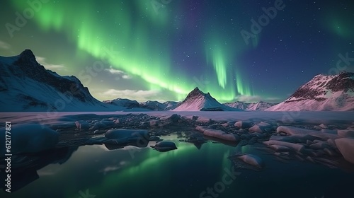 mountain an night with beautiful aurora sky reflected in water  © Gethuk_Studio