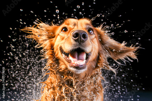 A dog shaking off water after a bath, capturing the moment of wet fur and playful energy. © Suplim