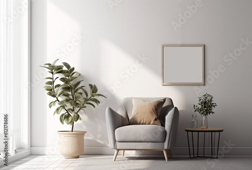 Interior living room white wall mockup with sofa ,plant,lamp, and decor on white background.