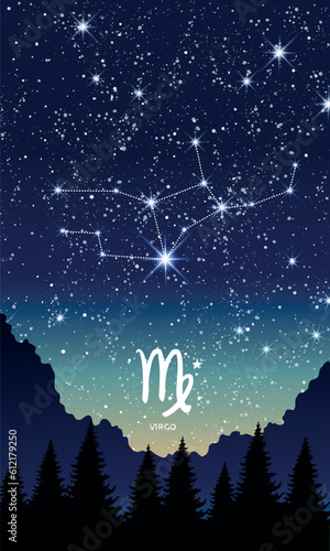 Virgo zodiac sign, horoscope constellation in the night sky, vertical template with copy space for stories. Background for astrology, fortune teller, astronomical calendar. Modern vector illustration.