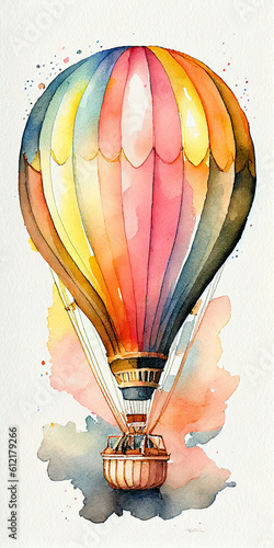 Hot air balloon watercolor illustration, social media post, rainbow colored photo