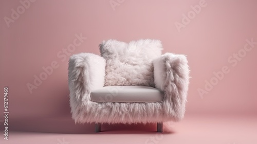 A contemporary armchair has a white, fluffy square pillow on it. for your design, a mockup. Generative AI