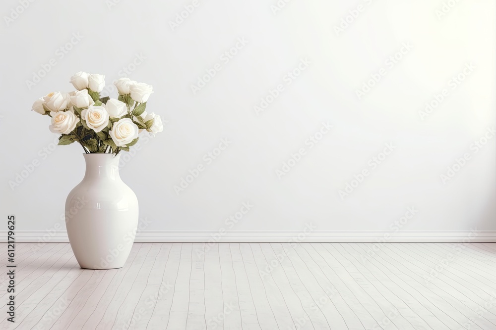 White room with white flowers in a white ceramic vase Generative AI White room with white flowers in a white ceramic vase Generative AI
