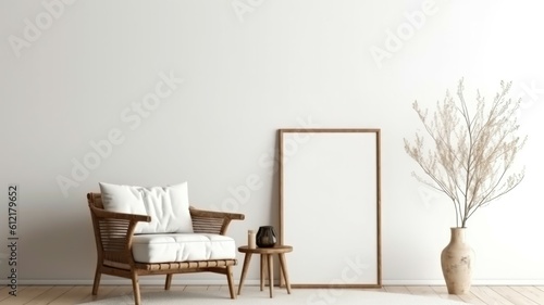 Mockup frame in Scandi-Boho interior style, white room. Generative AI