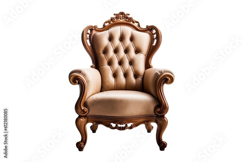 On a white background, a vintage tufted armchair is isolated. digital representation Generative AI