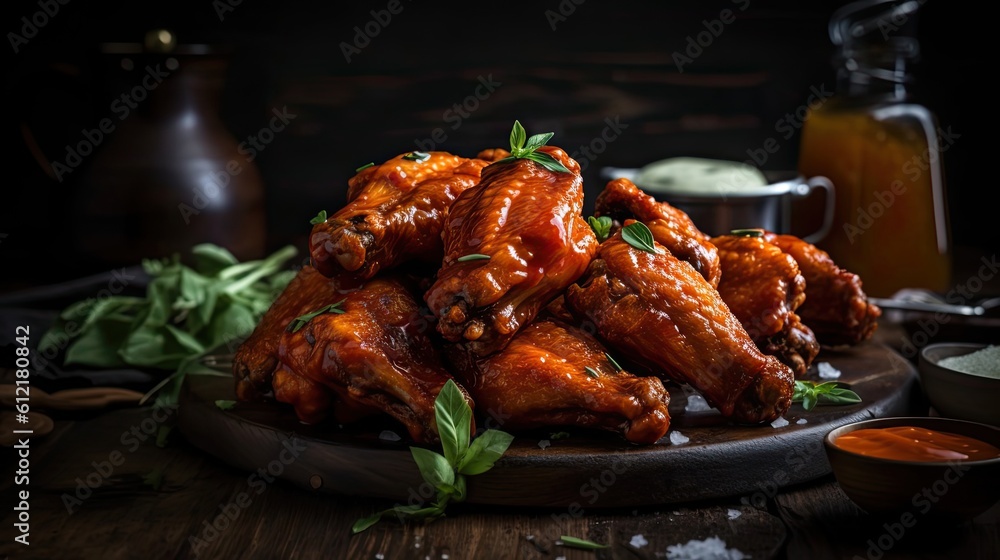 Buffalo wings with cut vegetables on a black plate and blur background
