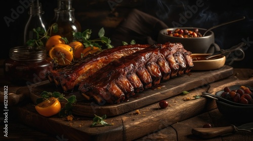 Wallpaper Mural Brown smoky barbecue ribs with perfect combination and blur background Torontodigital.ca