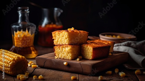 Fluffy cake cornbread on wood plate with blurred background