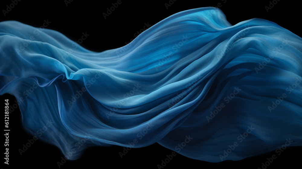 Obraz premium close-up shot of a piece of blue fabric suspended in mid-air, capturing its flowing and graceful movement, Generative AI