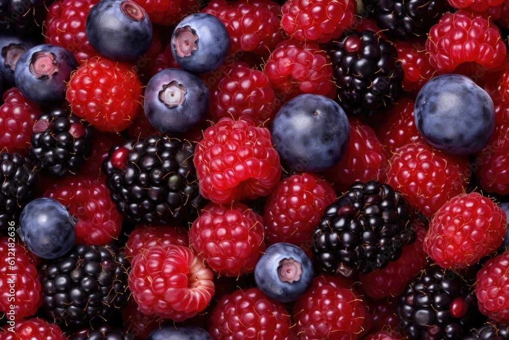 Set of various fresh summer berries. Mix of raspberries, blueberries, cherries, strawberries, blueberries. Close up, selective focus AI GENERATED Set of various fresh summer berries. Mix of raspberries, blueberries, cherries, strawberries, blueberries. Close up, selective focus AI GENERATED