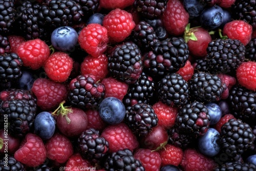 Set of various fresh summer berries. Mix of raspberries, blueberries, cherries, strawberries, blueberries. Close up, selective focus AI GENERATED