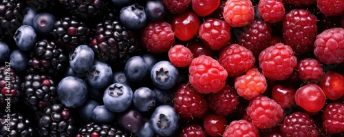 Set of various fresh summer berries. Mix of raspberries, blueberries, cherries, strawberries, blueberries. Close up, selective focus AI GENERATED
