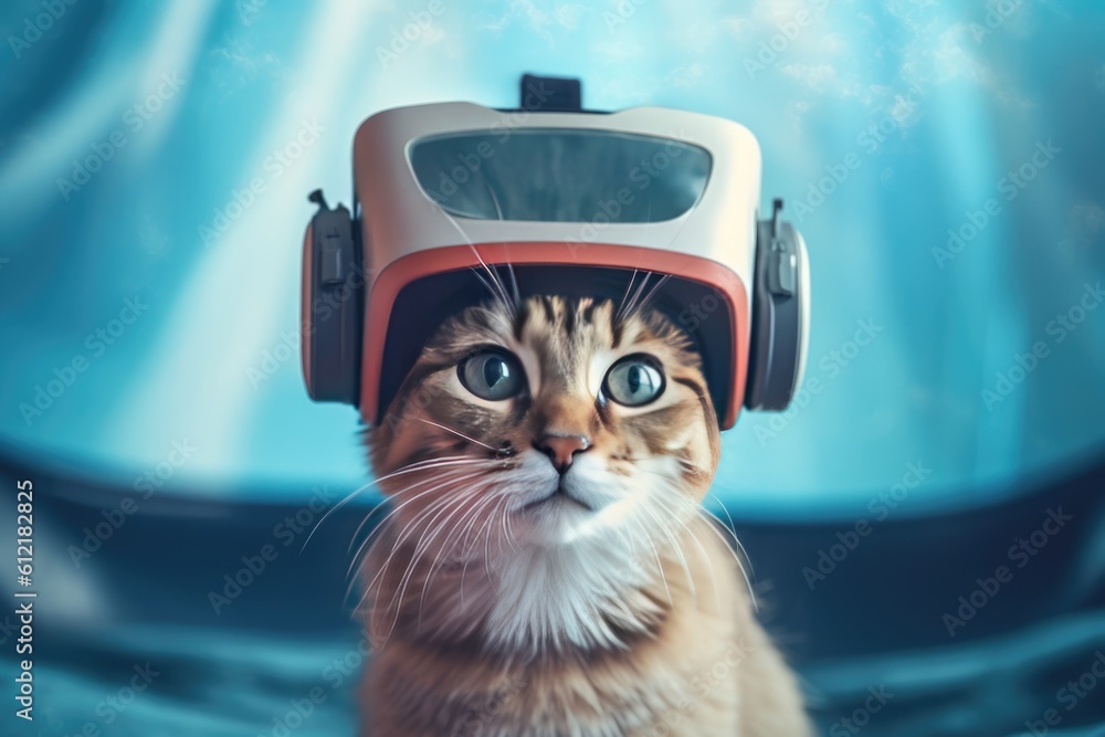 Cat using VR headset, Virtual Reality, Futuristic. generative AI. 