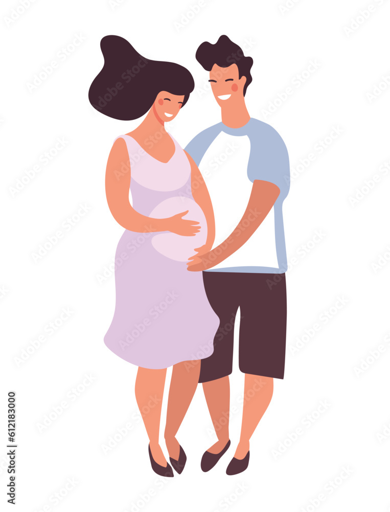 Happy pregnant woman with partner. A man hugs the belly of a pregnant woman. Flat funny cartoon vector illustration of parenthood, pregnancy, partnership. Icon isolated on white background.