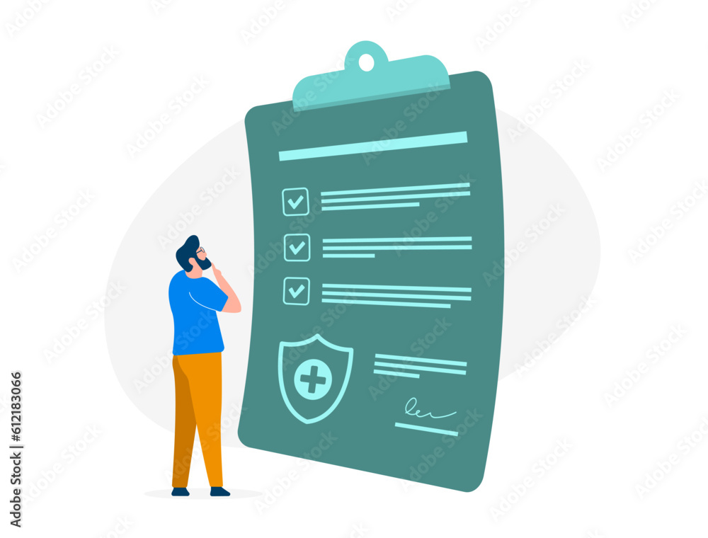 Health insurance and prescription concept. Patient reviews document