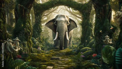 Majestic Forest Stroll: Graceful Elephant Roaming Through the Wilderness, Generative AI