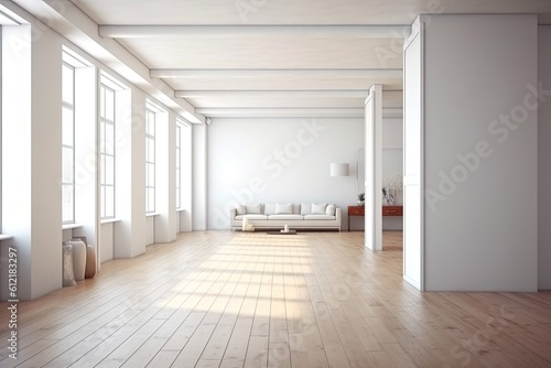 large, white living space. interior design, a wooden floor, and an empty wall with space for a mock-up and copies � Generative AI