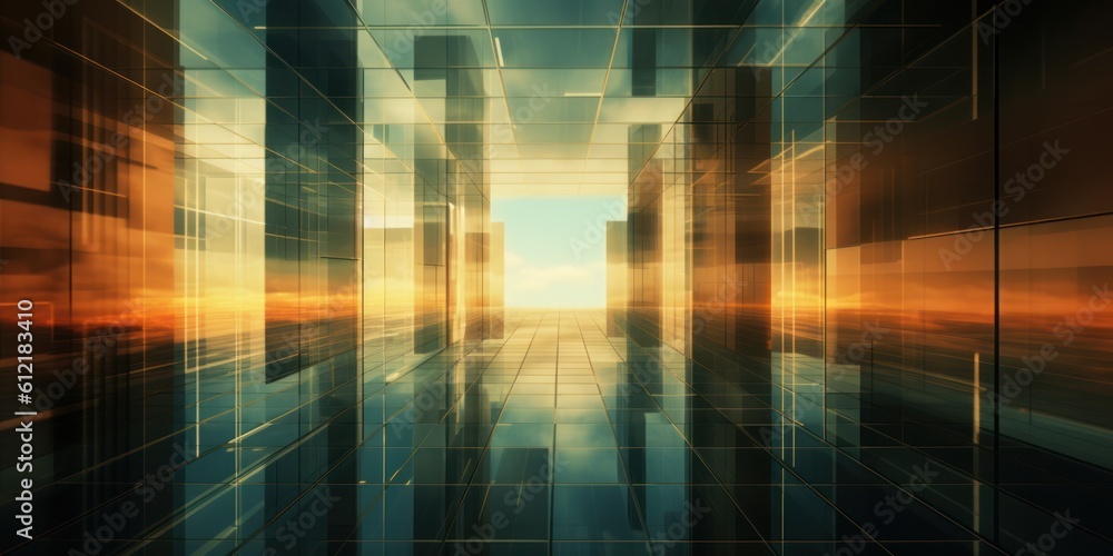 Abstract display of glass mirror designs of business and office centers in the rays of sunset. AI generated 