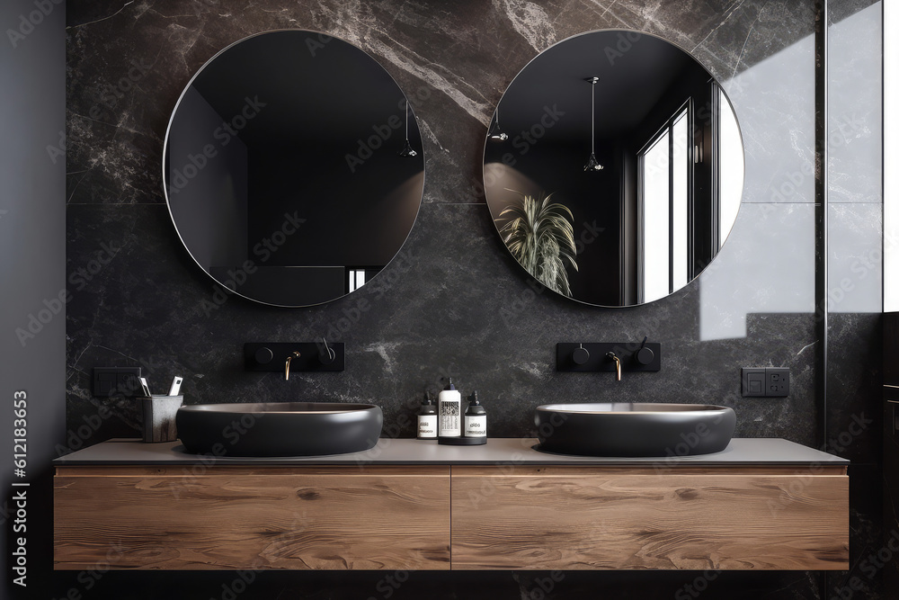 Close up of double black sink with mirrors standing in on dark marble wall , wooden cabinet with faucet in minimalist bathroom. Front view
