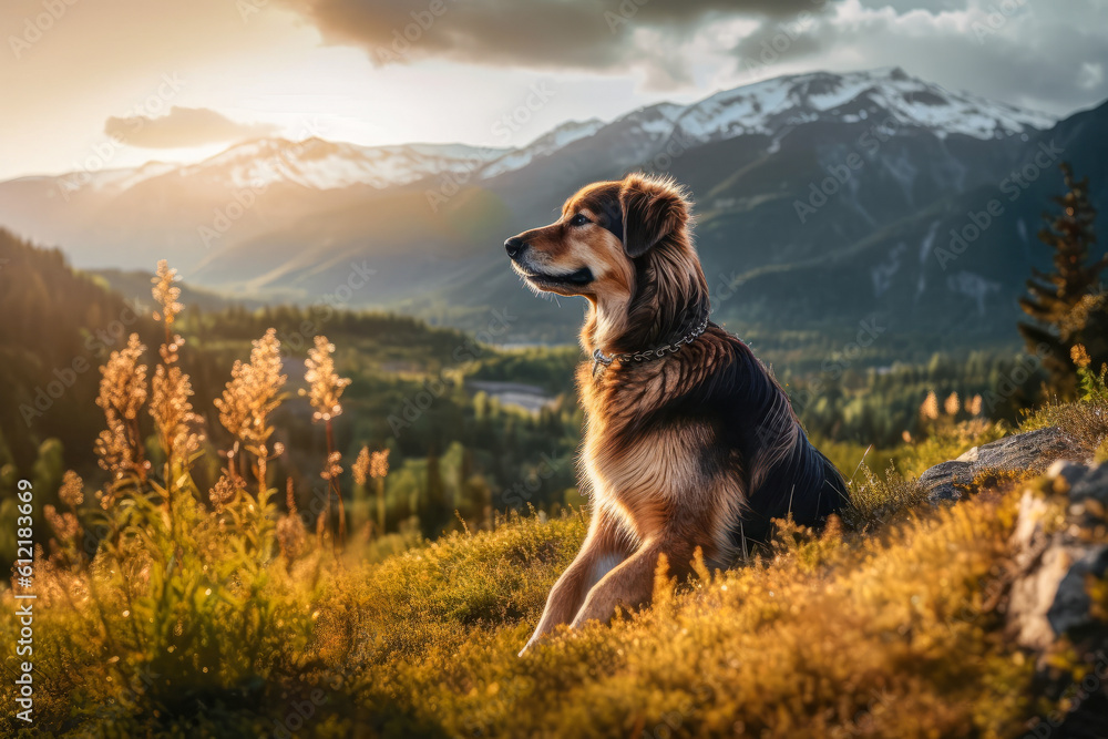 A dog sitting amidst a serene natural landscape, symbolizing the deep connection that dogs have with nature and the reminder to appreciate the beauty of the world around us. A dog sitting amidst a serene natural landscape, symbolizing the deep connection that dogs have with nature and the reminder to appreciate the beauty of the world around us.