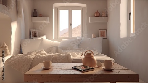 Grey pillows, a white cup, and a craft book are all present. Day starts in Bale. Eco-friendly architecture for comfortable living. picture in soft, neutral hues Generative AI © 2rogan