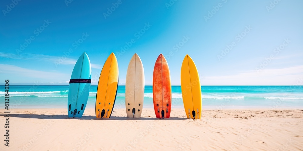 surfboards standing in tropical beach sand with ocean with generative ai surfboards standing in tropical beach sand with ocean with generative ai