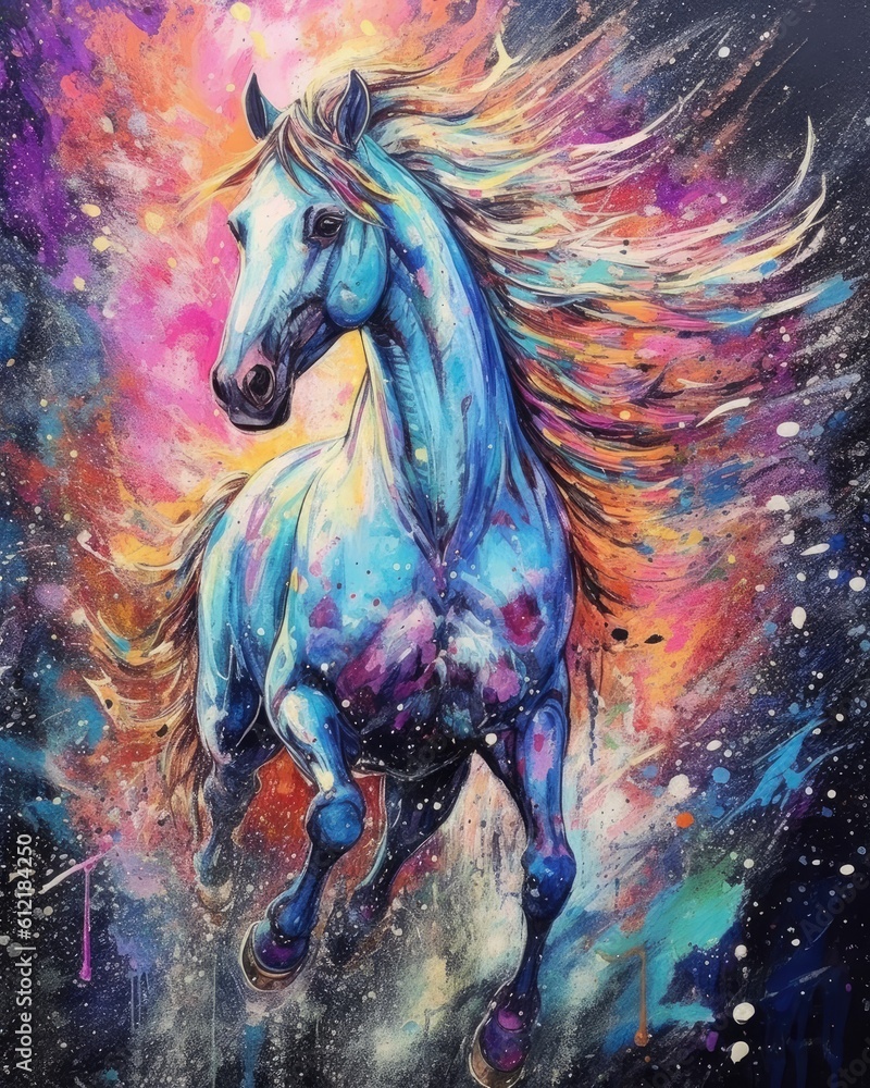 art horse in space . dreamlike background with horse . Hand Drawn Style illustration art horse in space . dreamlike background with horse . Hand Drawn Style illustration
