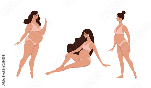 Beautiful nude pregnant women are standing in swimsuits or lingerie. Flat cartoon pregnancy and maternity, modern mom. Vector isolated on white.