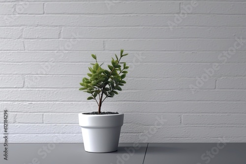 Kitchen corner with white counters, white brick, and a potted plant close to the wall. frontal view a mockup Generative AI © 2rogan