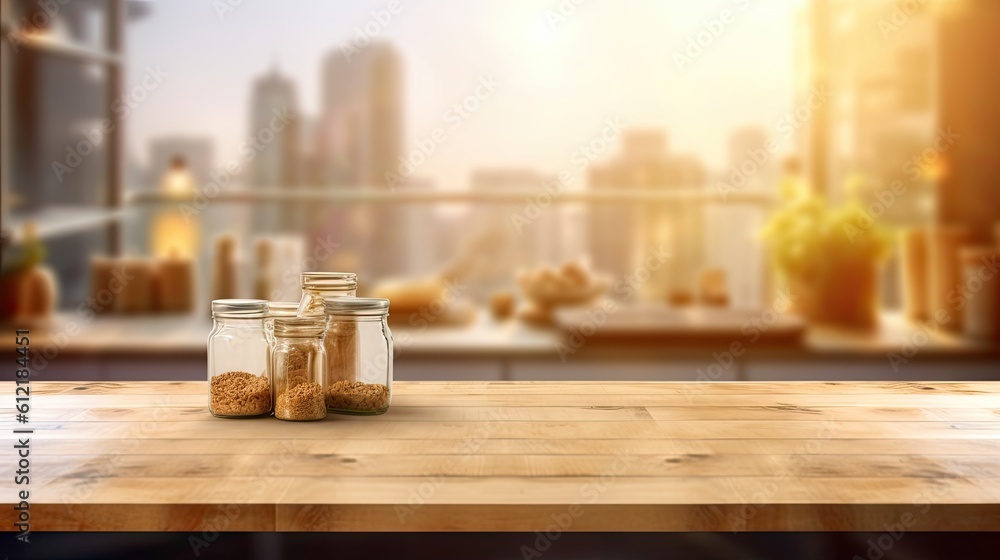 Background with a blurred kitchen window and a wooden table for a product display Generative AI