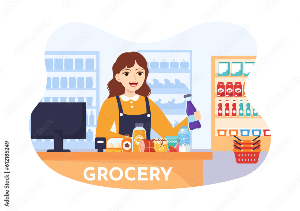 Food Grocery Store Shopping Vector Illustration with Foods Items and Products Assortiment on the Supermarket in Flat Cartoon Hand Drawn Templates Food Grocery Store Shopping Vector Illustration with Foods Items and Products Assortiment on the Supermarket in Flat Cartoon Hand Drawn Templates