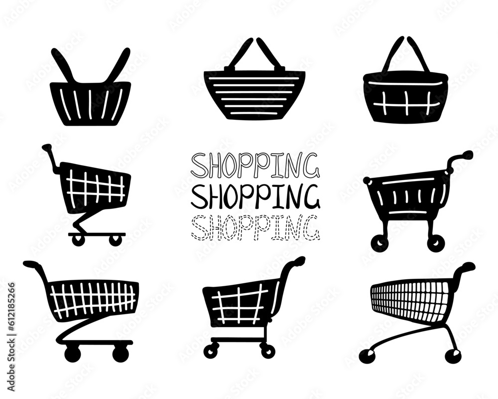 Set of hand drawn black silhouette icons of shopping baskets and shopping cart. Isolated on white background. Set of hand drawn black silhouette icons of shopping baskets and shopping cart. Isolated on white background.