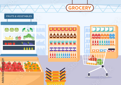 Food Grocery Store Shopping Vector Illustration with Foods Items and Products Assortiment on the Supermarket in Flat Cartoon Hand Drawn Templates