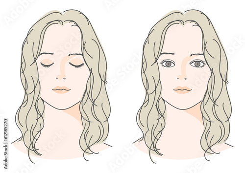 目を閉じたロングヘアの日本人女性の顔 正面アップのイラストセット 目を開けた女性のバリエーション