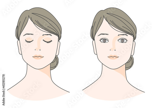 目を閉じたまとめ髪の女性と目を開けた正面アップのイラストセット