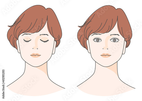 Obraz na płótnie 目を閉じた赤毛ショートヘアの日本人女性の顔 正面アップのイラストセット 目を開けた女性のバリエーション w salonie