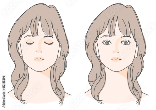 目を閉じたセミロングの女性と目を開けた女性のイラストセット 上半身顔 正面アップ バストアップ バリエーション