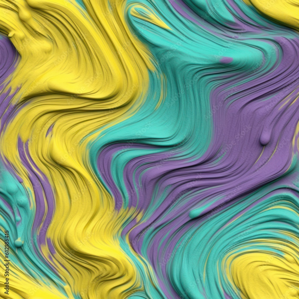 Seamless pattern texture of yellow turquoise and purple oil paint in wavy brush strokes. AI generated 