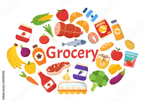 Food Grocery Store Shopping Vector Illustration with Foods Items and Products Assortiment on the Supermarket in Flat Cartoon Hand Drawn Templates