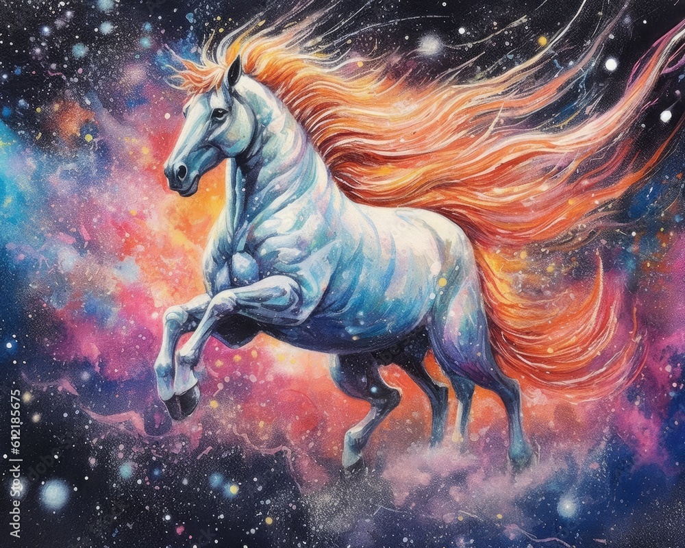 art horse in space . dreamlike background with horse . Hand Drawn Style illustration art horse in space . dreamlike background with horse . Hand Drawn Style illustration